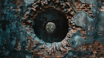 Old stone well with a deep water top view or old wall with hole