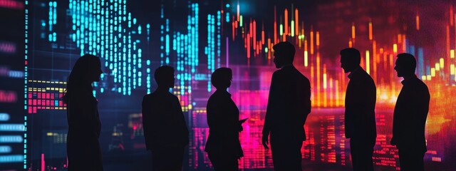 Silhouetted businesspeople converse against a vibrant backdrop of dynamic financial data visualizations.
