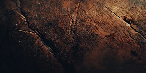Fototapeta premium Close up view of aged deeply textured wood grain with prominent cracks and grooves Rich dark brown tones and rustic appearance