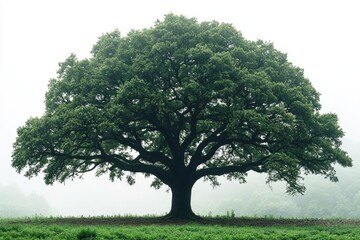 Obraz premium Majestic Oak Tree in Foggy Landscape