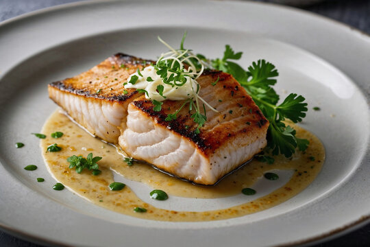 Pan-seared zander fillet with creamy sauce fresh herbs and gourmet plating