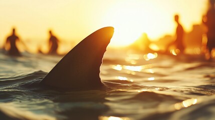 Fototapeta premium A sunrise lights up a shark fin breaking through calm water, with distant surfers enhancing the picturesque scene
