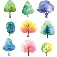 Obraz premium Nine Watercolor Trees Displaying Various Colors and Styles