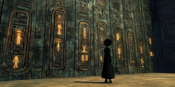 A mysterious figure exploring ancient illuminated inscriptions.