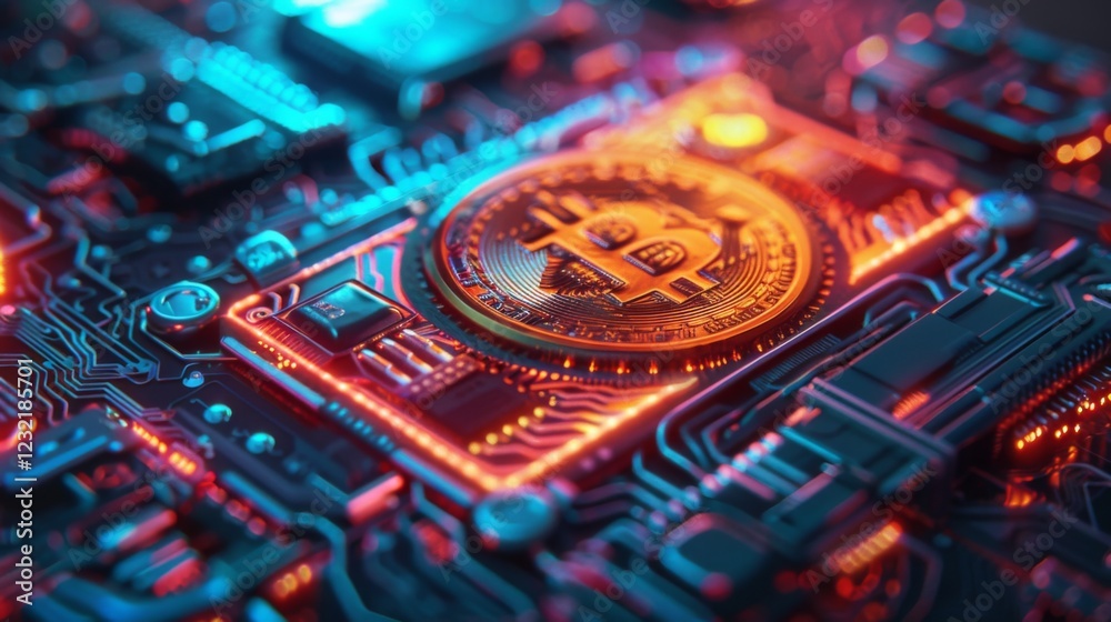 Poster A bitcoin symbol glows on a complex circuit board, surrounded by intricate electronic components, highlighting the fusion of finance and technology in today's digital age.