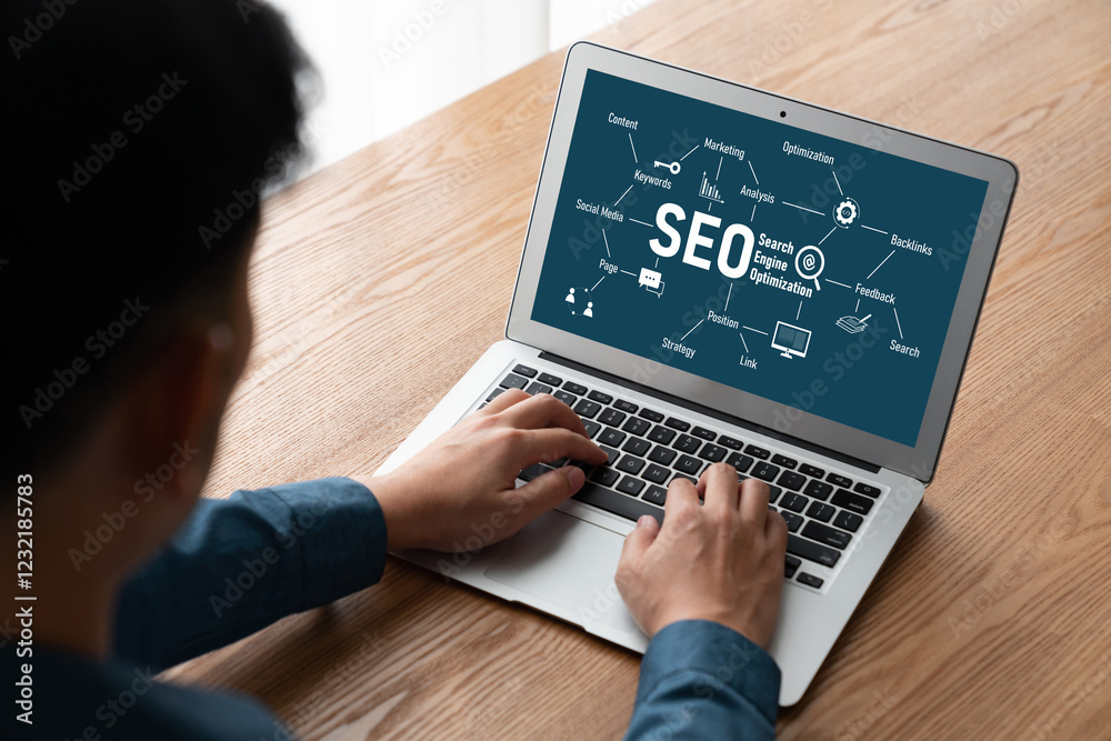 Wall mural seo search engine optimization for modish e-commerce and online retail business showing on computer 