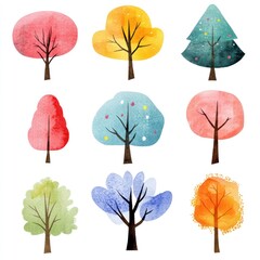 Obraz premium Collection of Watercolor Painted Trees with Various Colors
