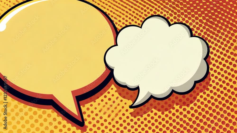 Poster a cartoon drawing of two speech bubbles, one of which is white and the other is yellow. the white bu