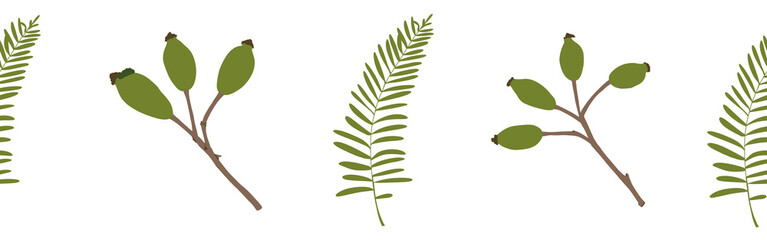 Green leaves border on a white background. Hand-drawn illustration. Perfect for spring and summer.
