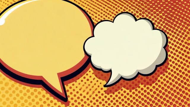 A cartoon drawing of two speech bubbles, one of which is white and the other is yellow. The white bubble is empty and the yellow bubble is filled with a cloud