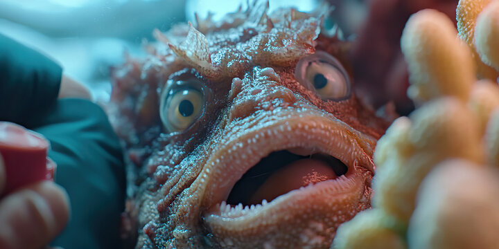 Close-up of a Spiny Fish with Open Mouth and Coral