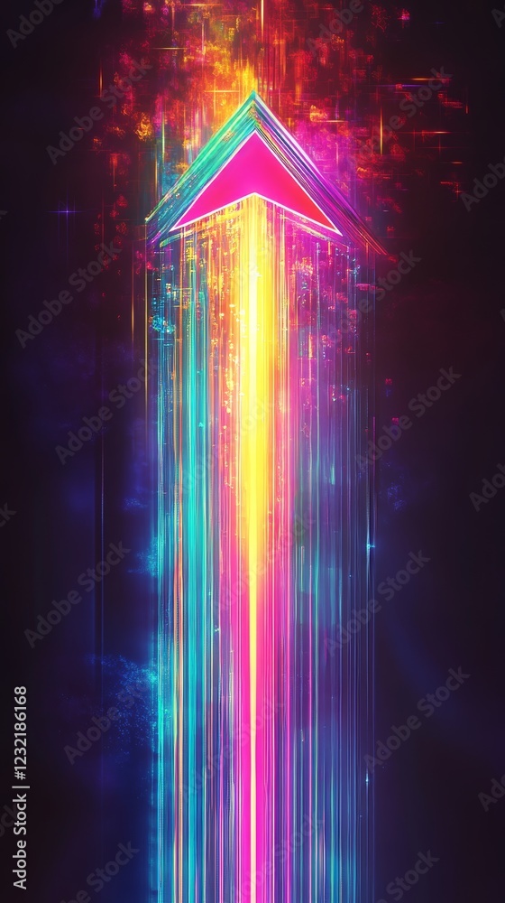 Wall mural glowing upward arrow soaring through digital dust particles, creating colorful light trails, symboli