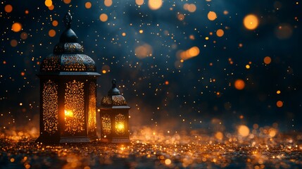 Fototapeta premium Two Ornate Lanterns Glow Warmly Amidst A Sparkly, Dark Background, Creating A Magical, Festive Ambiance. Perfect For Ramadan Or Other Celebrations.