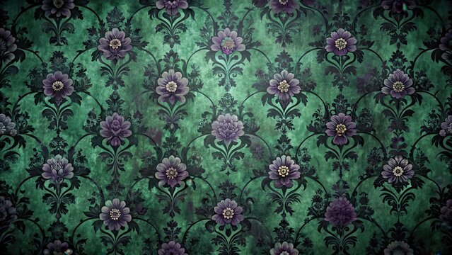 Distressed floral patterns on a spooky vintage-inspired wallpaper backdrop with dark green and purple hues , dark, spooky