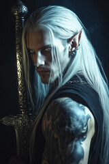 cinematic photo of a strong, mysterious man with sharp features, piercing blue eyes, pointed elven ears adorned with silver jewelry, long white hair styled in a sleek, edgy way 