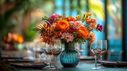 Vibrant floral centerpiece in a stylish dining setting with elegant glassware and greenery