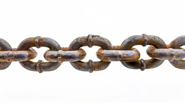 Solid rusty metal black chain closeup, isolated on white background