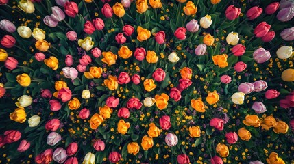 View from the sky of colorful tulip fields in spring. Top view