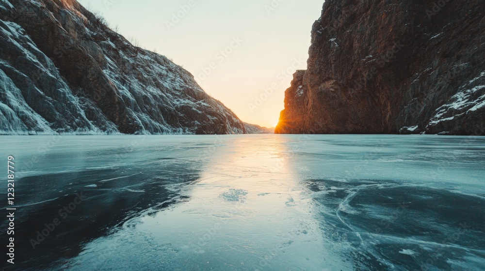 Poster frozen lake surface reflecting the warm light of the setting sun, creating a beautiful contrast with