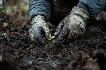 Close-Up of Hands Planting Seedling in Soil, Symbolizing Growth, Sustainability, and Environmental Conservation Efforts