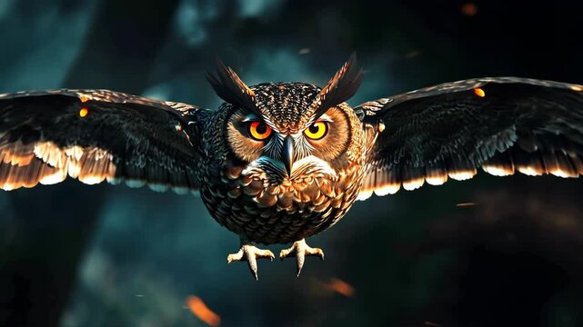 Majestic owl flying dark