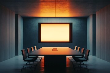 Modern minimalist conference room with large blank screen and orange light.