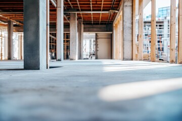 Obraz premium interior view of a building under construction with exposed concrete floors, wooden framework