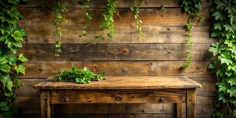 Obraz premium Old, worn wooden desk with green leafy foliage on a distressed background, nature, rustic desk, nature, rustic desk