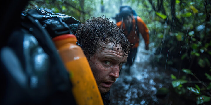 Wet Hiker in Rainforest Environment