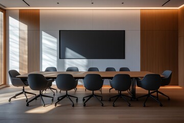 Modern conference room with large table, chairs, and blank screen.