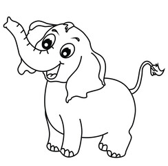 Cute cartoon hand drawn vector happy baby elephant coloring page.