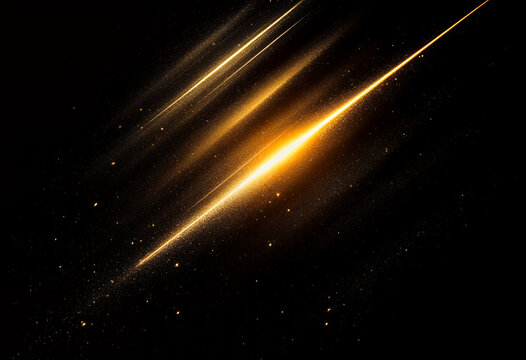Slender white and golden beams of light streaking diagonally across a solid black background, creating a dynamic contrast.