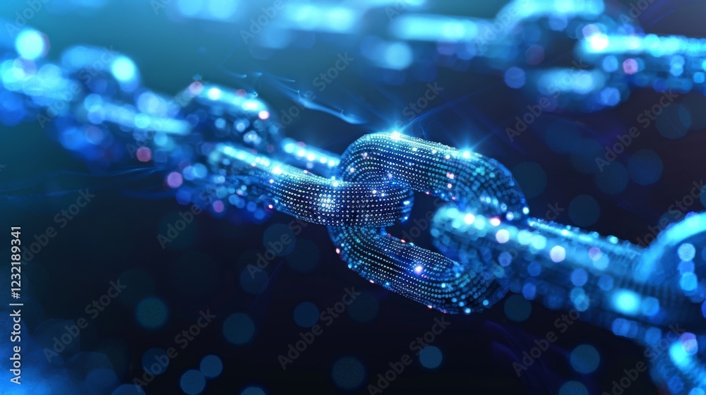 Aufkleber Glowing digital chain links are interconnected in a futuristic environment, showcasing the intricate design of data security and blockchain concepts in a vibrant blue hue.