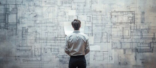 Architect Analyzing Detailed Blueprints on a Large Wall in a Modern Office Environment