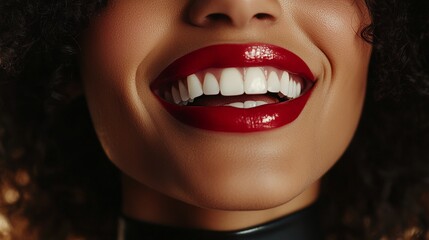 Fototapeta premium Beauty portrait of a smiling woman with perfect white teeth and red lipstick, showcasing dental and makeup perfection