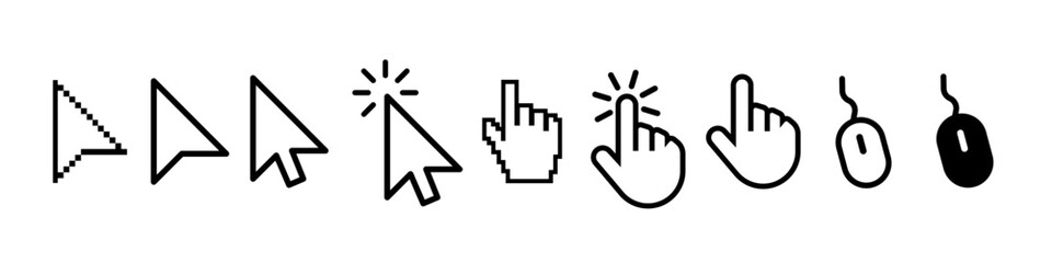 Cursor icons set in hand, arrow forms, mouse click cursor set, arrow and hand pointer
