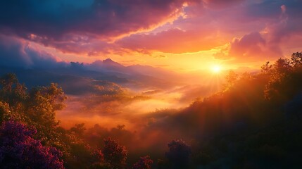 Fototapeta premium Majestic Sunrise Over Foggy Mountain Valley Landscape