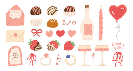 Vector Valentine's Day hearts, chocolate, strawberries and wine illustration collection. Modern hand drawn pastel pink clip art set for books, stationery, banners and social media