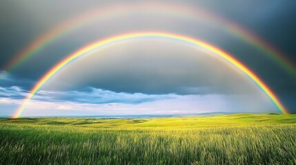 Obraz premium A stunning, multicolored rainbow arcs gracefully over a vibrant green field that lies beneath a cloudy sky