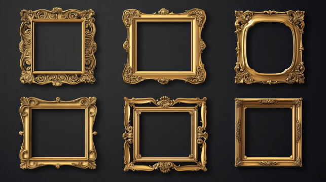 Cartoon game progression golden square avatar frames - basic badge, with gemstones, ornate leaves, decorative wings and royal design with blue ribbons for rpg achievement levels or player rank.