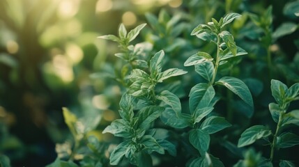 Obraz premium Lush Green Basil Plants in Sunlight: A Vibrant Garden Close-up