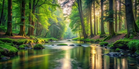 Fototapeta premium Tranquil forest scene with tall trees and dense foliage surrounding a crystal clear stream flowing gently through the center, nature's beauty, serene surroundings