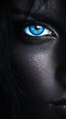 Close-up of a beautiful woman with striking blue eyes and glistening wet skin, radiating health, beauty, and youthful allure