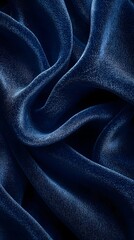 Fototapeta premium Navy Blue Silk Drape: Luxurious folds of deep navy blue silk fabric create a dramatic and elegant abstract image, showcasing the rich texture and subtle sheen of the material.