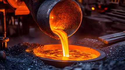 A molten metal pour into a mold, showcasing the intense heat and industrial process of metal casting