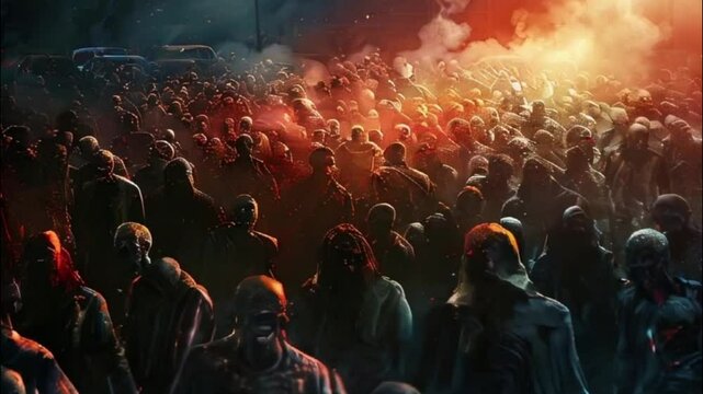 Scary sinister zombie wandering in street with dramatic lighting on Halloween, abstract vivid composition consists of fictional unreal fantastic vision on background