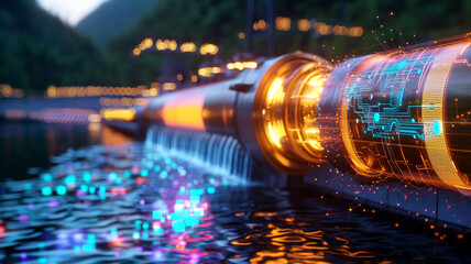 Futuristic Data Pipeline Illuminating Tranquil Night Waterscape