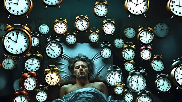 Man Lying in Bed Surrounded by Numerous Alarm Clocks, Dark Room, Insomnia Concept, Sleep Struggles, and Anxiety

