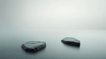 Tranquil Stillness: Two Stones Emerging from Misty Waters