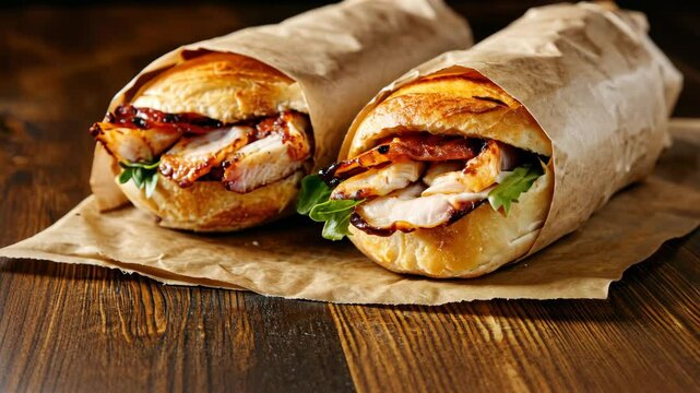 Grilled chicken sandwiches wrapped in paper on rustic wooden table